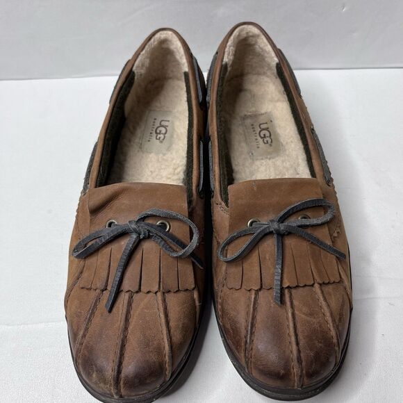 UGG Haylie Brown Wool Lined  Leather Boat Duck Shoes Women’s Size 8 - Picture 2 of 10